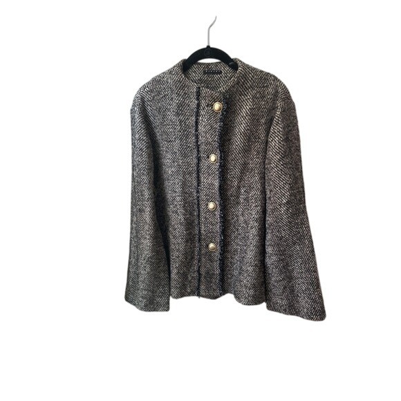 Sisley Brown Herringbone Tweed Jacket Womens US 12 Gold Button Front Pockets - Picture 1 of 6